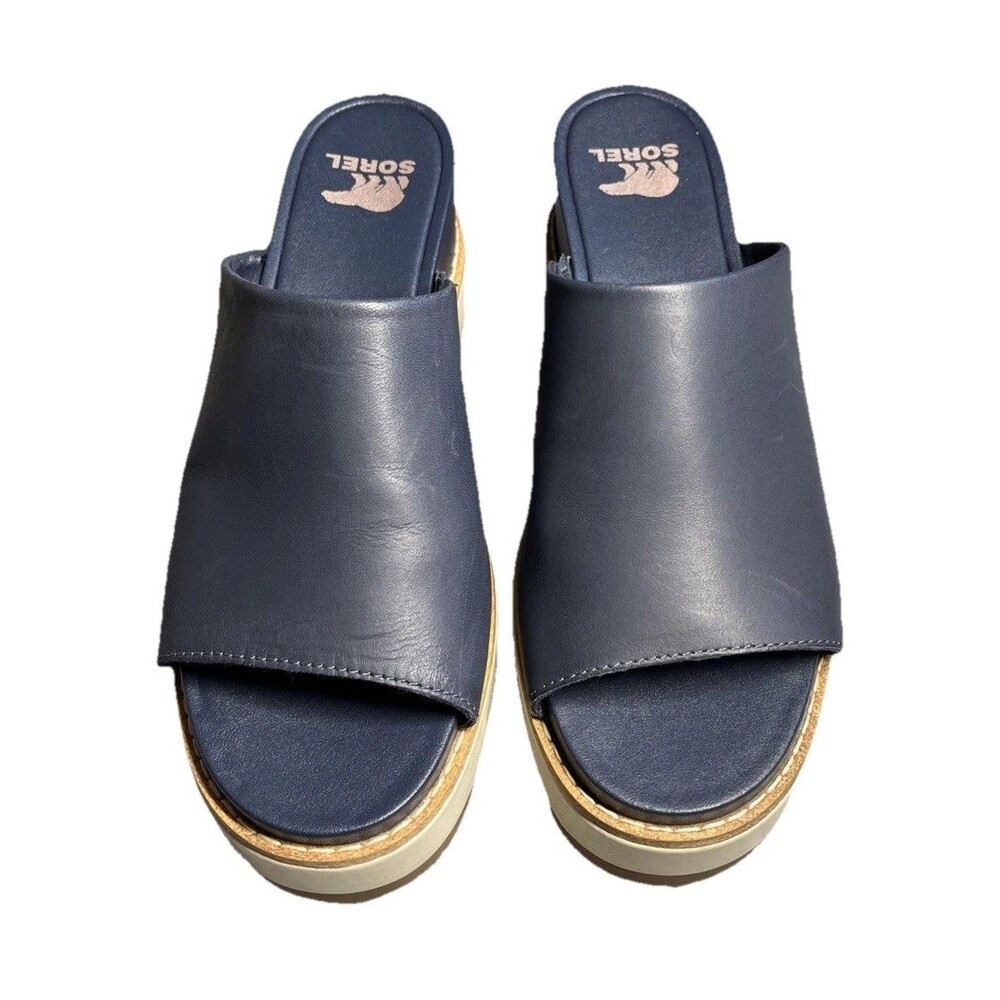 Sorel Joanie Navy Blue Leather Slide Wedge Sandals Platform Women’s Size 7.5 EUC - Picture 2 of 12